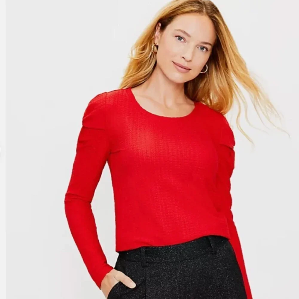 Loft Women's Size Small Solid Red Twist Puff Long Sleeve Top Textured Crewneck